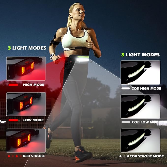 Hopedone Running Light, 230°Wide-Angle 1000Lumens Night Waliking Light on Running Waist Belt Rechargeable Runners Safety Lights with Adjustable Large Pocket Fanny Packet for Runners Jogging (Black)