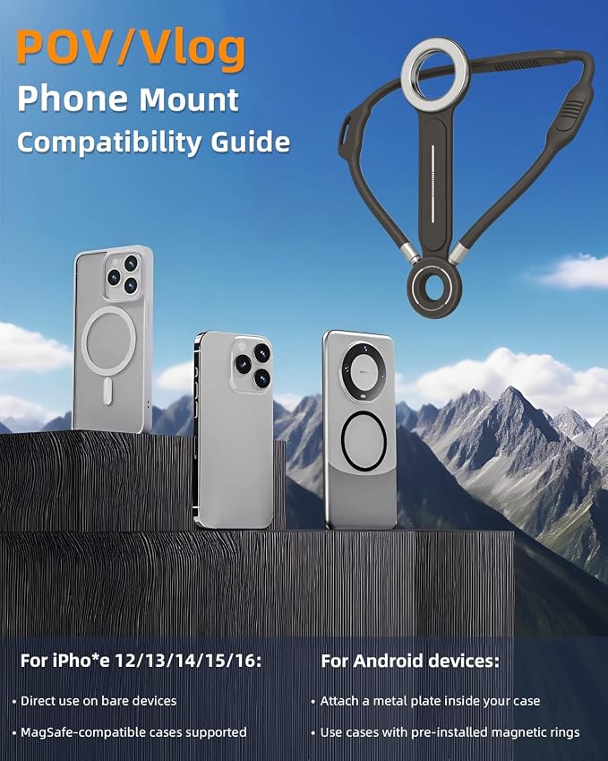Magnetic Neck Phone Holder for Recording, Neck Mount Phone Holder for POV/Vlog/Video Content Creator/Ktichen, Hands Free Around Neck Mount for iPhone 17 16 15 14 13 12 Android Cell Phones