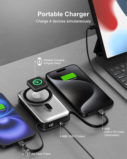 Magnetic Wireless Portable Charger for iPhone, 17000mAh 35W Wireless Power Bank with Wall Plug Built-in Cables, 6-in-1 Battery Pack with Stand, LCD Display for iPhone 16/15/14,Apple Watch