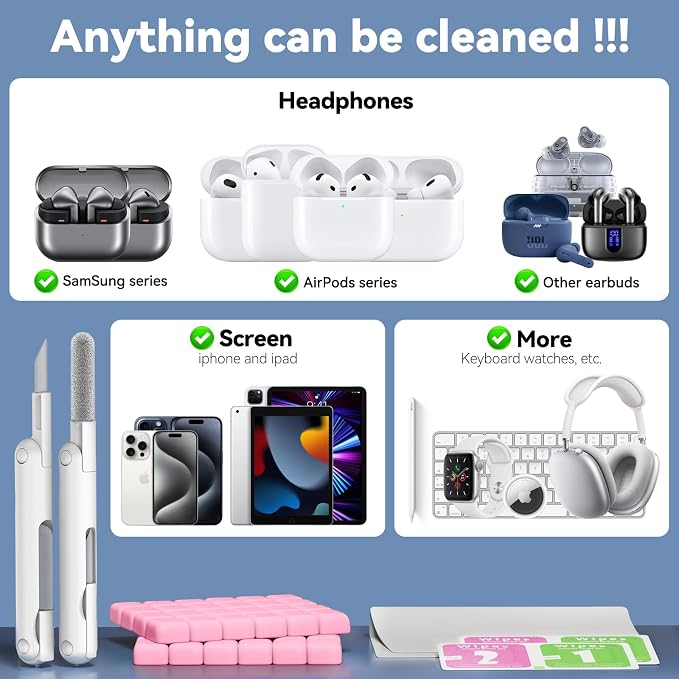 for Airpods Cleaner Kit,Bluetooth Earbuds 3 in 1 Multi-Function Cleaning Pen and Cleaning Putty,for Airpods Pro Phone Charging Port,Earbuds,Headphone, iPod,Case,iPhone,ipad,Laptop (Pink)