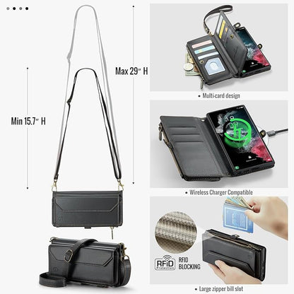 Strapurs Crossbody Wallet Case Compatible with Samsung Galaxy S22 Ultra 5G RFID Blocking 10-Card Holder Soft PU Leather Magnetic Snap Strap Zipper Pocket Phone Case Fit for Galaxy S22 Ultra - Black
