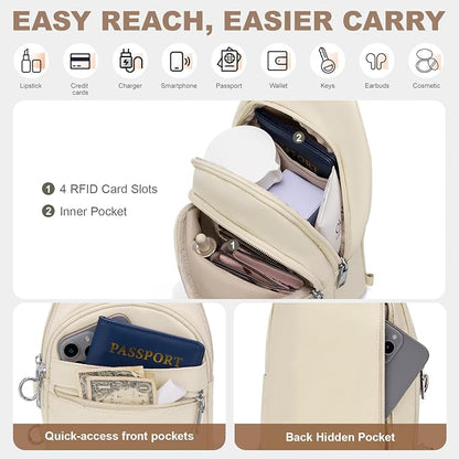 SYTRAH Sling Bag for Women, Anti-Theft RFID Crossbody Bag Nylon Sling Purse for Travel, Puffy Small backpack for Daily Hiking Sports White