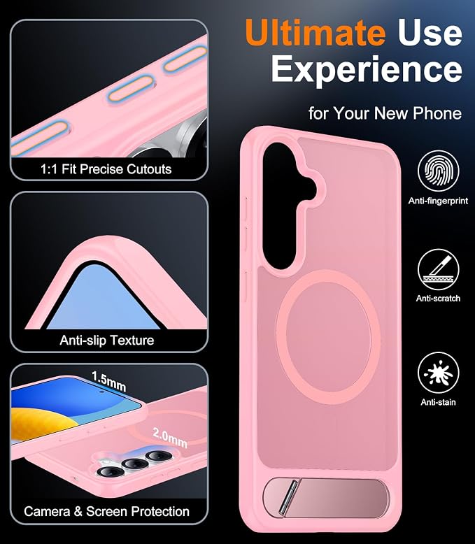 Magnetic for Samsung Galaxy S25 Case, [Innovate Stand][Military Grade Drop Protection][Non Slip][Translucent Matte] Shockproof Phone Case for Galaxy S25 6.2" 2025 -Pink