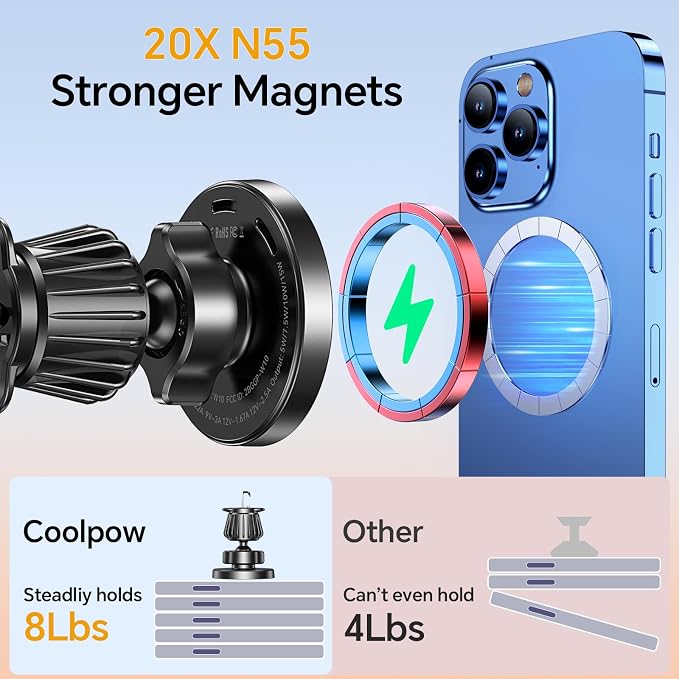 Coolpow for Magsafe Car Mount Charger【100% Stable】15W Magsafe Car Charger Magnetic Phone Holders for Your Car Accessories for Women Men Car Phone Holder Wireless Car Charger for iPhone 17 16 15 14 13