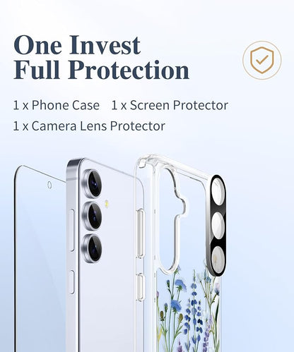 GVIEWIN for Samsung Galaxy S25 Plus Case, Clear Floral Slim Shockproof Protective Women Phone Case, Non-Yellowing, with Screen Protector & Camera Lens Protector for S25 Plus 6.7", Sweet Posy/Blue