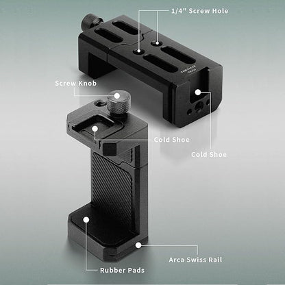 Aluminum Phone Tripod Mount with Cold Shoe & ARCA-Swiss Quick Release, Adjustable Smartphone Clamp with 1/4" Thread, Universal Phone Holder for iPhone 17/16/15/14/13, Samsung, Vlogging, Filming