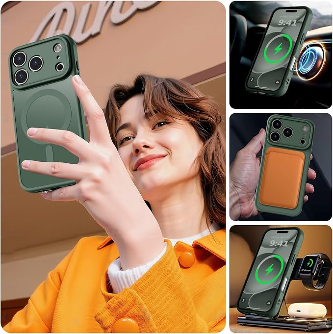 MOCCA Magnetic for iPhone 17 Pro Case, (Compatible with Magsafe) (16FT Military Grade Protection) Full Camera Protection Anti-Fingerprint Slim Translucent Matte Phone Cover 6.3",Midnight Green