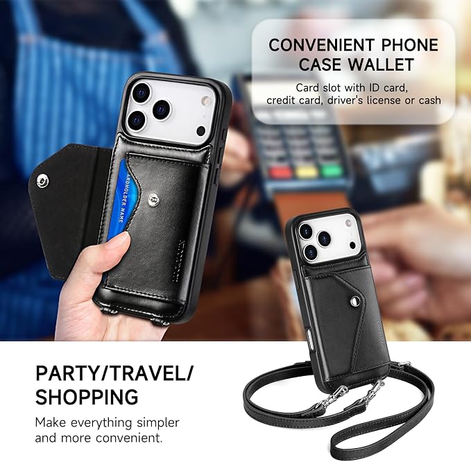 LUCKYCOIN for iPhone 17 Pro Max Crossbody Wallet Case – Genuine Leather Phone Purse with Adjustable Strap and Card Holder,Lanyard Phone Purse Case for Women,Vintage Black