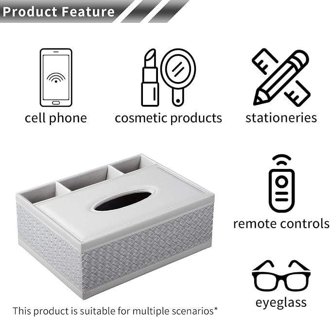 Multifunction PU Leather Tissue Box Holder with Stationery Remote Control Box, Decorative Tissue Pen Pencil Remote Organizer for Home and Office Use(White)