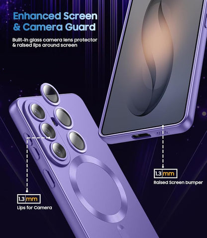 Magnetic for Samsung Galaxy S26 Plus Case [Compatible with MagSafe][Built-in Camera Lens Protector] Slim Soft Silicone Bumper Shockproof Metallic Luster Phone Case, Purple