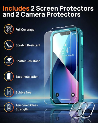 Lanhiem Magnetic for iPhone 13 Case, 2 Pack [Tempered Glass Screen Protectors+Camera Lens Protectors] 10 FT Military Grade Drop Protection Anti-Fingerprint Slim Phone Cover for iPhone 13 (Light Blue)