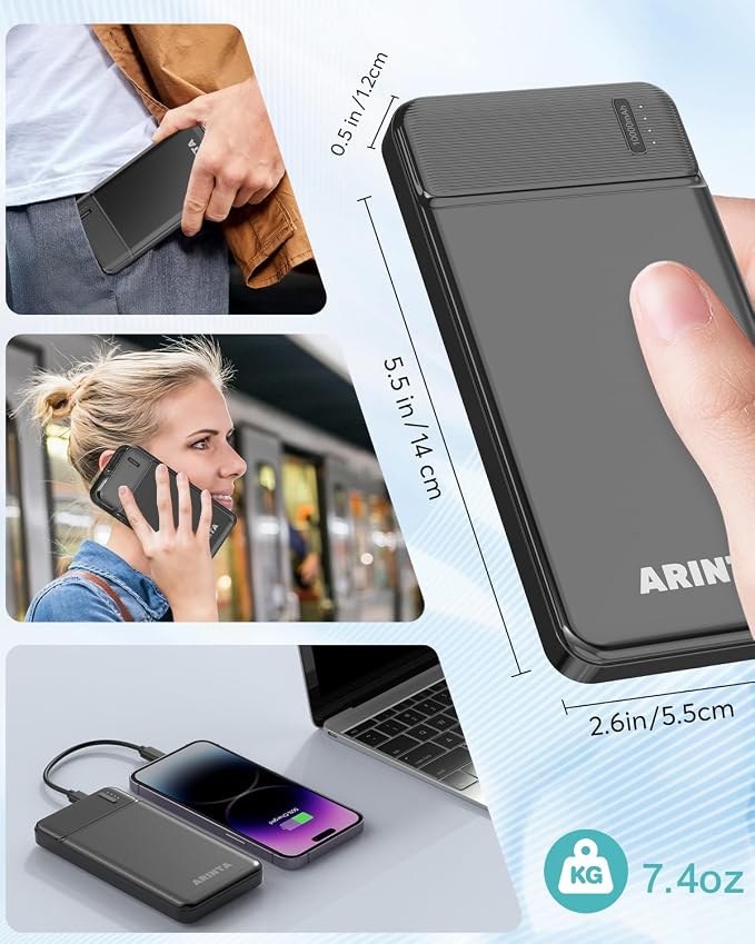 Power Bank Portable Charger 10000mAh, Battery Pack Ultra Slim with USB-C Input/Output, Compatible for Smartphones & Tablets, Gifts for Men Women. (Black)