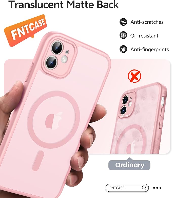 FNTCASE for iPhone 11 Case: [Compatible with Magsafe] Translucent Matte Magnetic Cases [Full Camera Protection] Military Grade Shockproof Protective Phone Cover - Light Pink