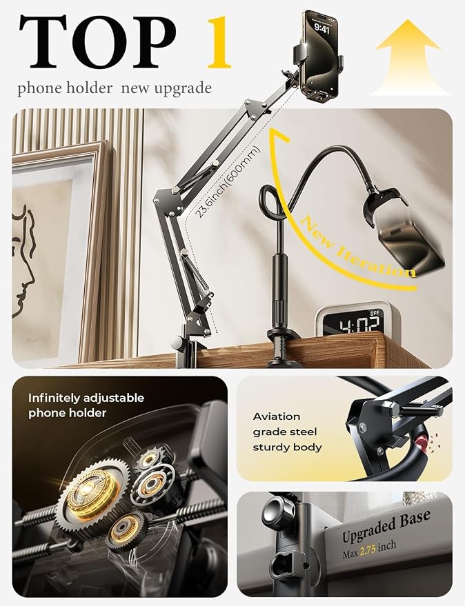 LISEN Gooseneck Phone Holder for Bed Desk [3rd Upgrade] Cell Phone Stand for Desk Bed Gaming Accessories,Gifts for Men Senior Kids Tech Mount for Recording Filming Laying Down Flexible Magic Arm Clamp