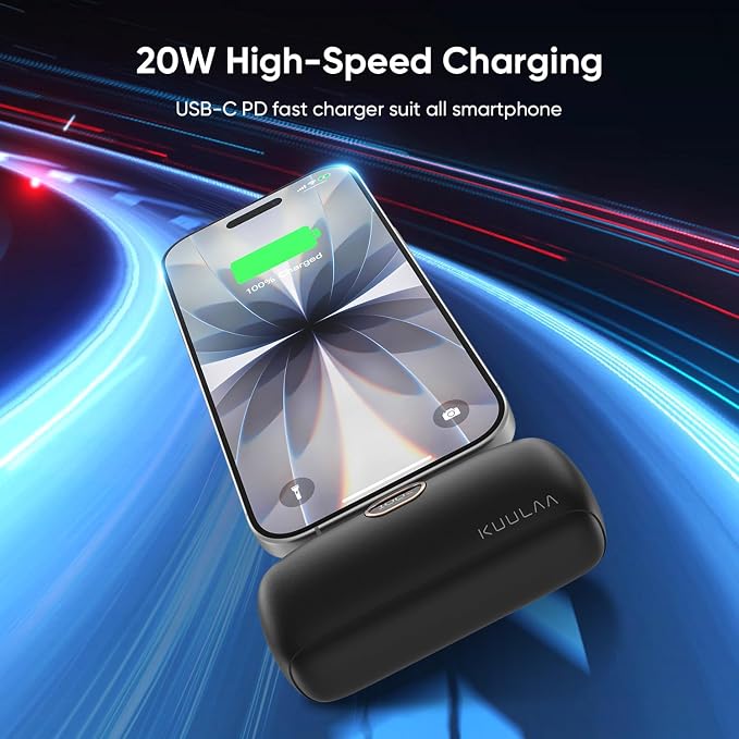 Kuulaa Portable Phone Charger with Built-in USB-C Plug, 5000mAh Mini Portable Charger Power Bank Small Battery Pack for iPhone 15/16/17 Samsung S24/S23 & Android (Black)