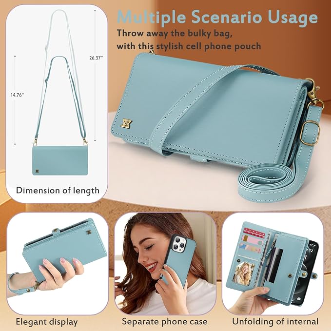 for Wallet Case Compatible with iPhone 12 Pro Max,Multi-Function Detachable 2 in 1 Magnetic iPhone 12 Pro Max Case Wallet,Flip Strap Zipper Card Holder Phone Case with Shoulder Straps (Blue)