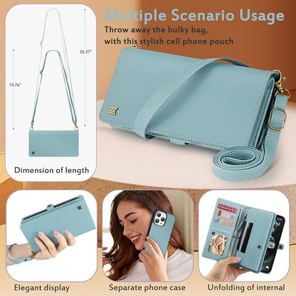 for Wallet Case Compatible with iPhone 12 Pro Max,Multi-Function Detachable 2 in 1 Magnetic iPhone 12 Pro Max Case Wallet,Flip Strap Zipper Card Holder Phone Case with Shoulder Straps (Blue)