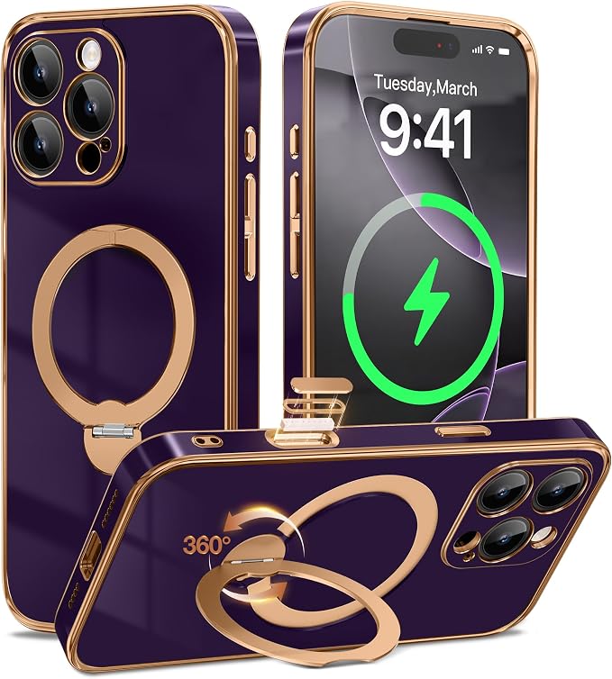 GolbinBox for iPhone 16 Pro Max Case with 360° Spin Magnetic Stand,[Compatible with Magsafe] [Military Protection][Built-in Ring Holder] Camera Control Phone Case for 16 Pro Max,Purple