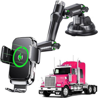Wireless car Charger Truck Phone Mount Holder, [10-inch Long arm] 15W Fast Charging Pickup Heavy Duty Trucks Vacuum Phone Holders Large SUV Windshield Dashboard, for iPhone Samsung LG