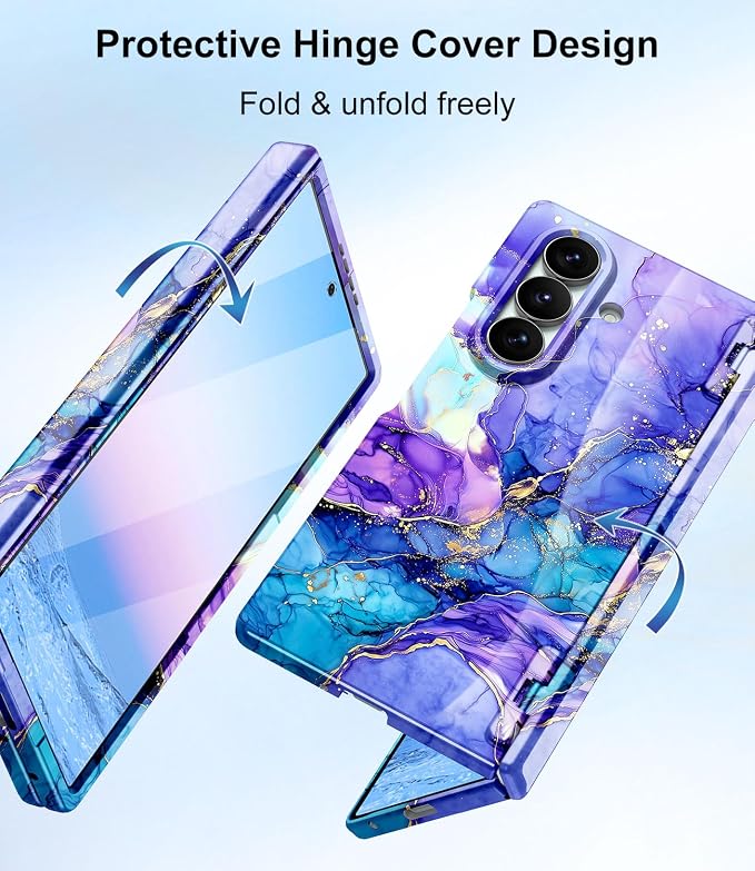 Btscase for Samsung Galaxy Z Fold 7 Case,Built in Front Screen Protector,Gold Glitter Marble Pattern Hard PC Slim Shockproof Full Body Drop Protective Case for Galaxy Z Fold 7 5G, Bright Purple Blue