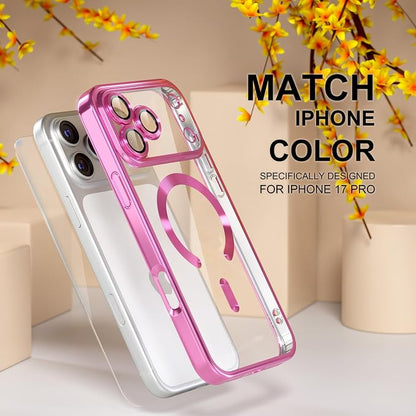 Misea Magnetic for iPhone 17 Pro Case Compatible with MagSafe [Never Yellowing] [Military Grade Drop Protection] Full Camera Lens Protector Plating Soft Clear Phone Case for Women, Hot Pink