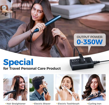 DOACE 350W Voltage Converter US to Europe for Hair Straightener Curling Iron CPAP –220V to 110V Converter for European Travel, 7 in 1 Power Converter Adapter Combo with 3 AC & 2 PD & 2 USB Chargers