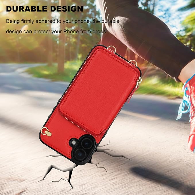 Bocasal Crossbody Wallet Case for iPhone 16 Plus, RFID Blocking Leather Purse Case with Card Holder, Protective Handbag Flip Cover with Zipper Wrist Strap Lanyard for Women 5G 6.7 Inch (Red)