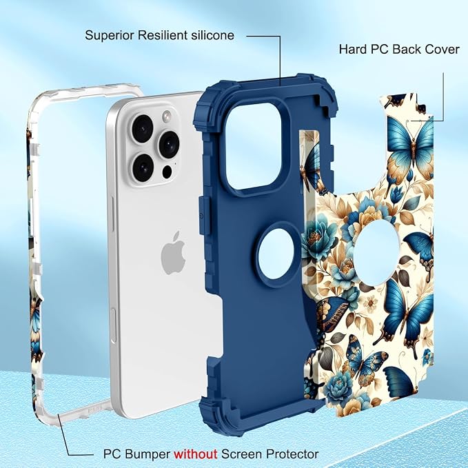 Hocase for iPhone 16 Pro Case 6.3", Heavy Duty Shockproof Protection Soft Silicone Rubber+Hard Plastic Bumpers Hybrid Protective Case for iPhone 16 Pro 2024 - Blue Butterflies