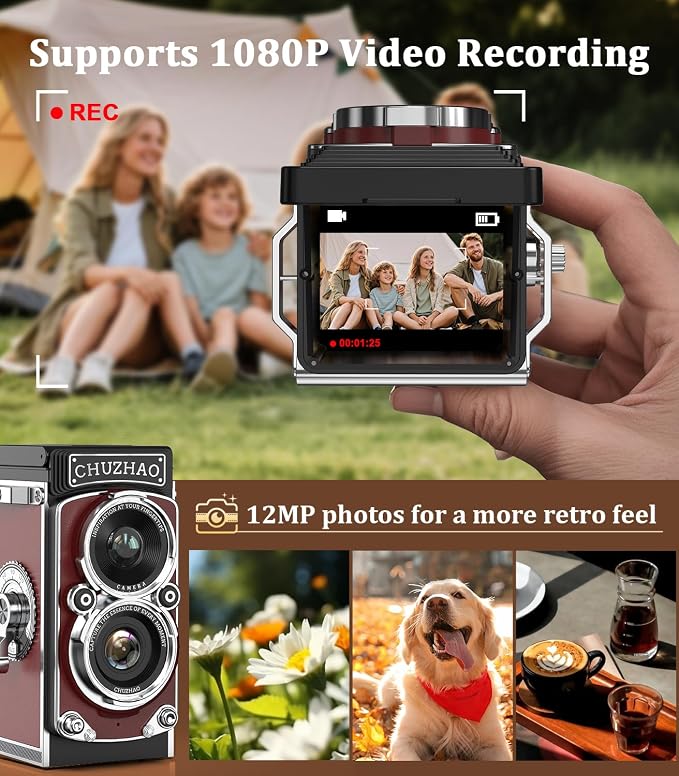 CHUZHAO Digital Camera Retro: Portable TLR Style Twin-Lens Vintage Camera, 12MP Autofocus 1080P FHD Point and Shoot Pocket Vlogging Retro Digital Cameras with16 GB Card for Beginners Boys Girls (Red)
