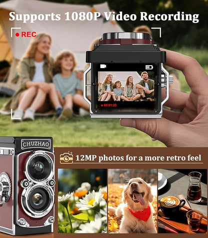 CHUZHAO Digital Camera Retro: Portable TLR Style Twin-Lens Vintage Camera, 12MP Autofocus 1080P FHD Point and Shoot Pocket Vlogging Retro Digital Cameras with16 GB Card for Beginners Boys Girls (Red)