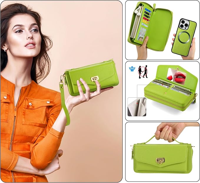 Crossbody Wallet Case for iPhone 16 Pro Max, Magnetic Detachable Floral PU Leather Phone Case with RFID Blocking Card Holder Wristlet Mirror Flip Zipper Shoulder Purse for Wome - Green