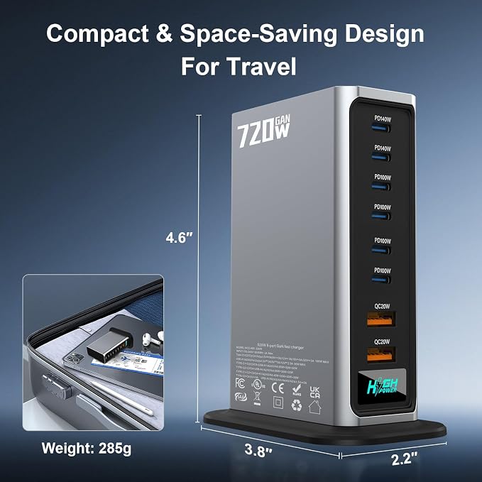 720W USB C Fast Charger Block, PD 3.1 140W 8 Port USB Charging Station, GaN Ⅲ Fast Charging Station for Multiple Devices, Laptop Charger Station Compatible with iPhone 17/iPad/MacBook,Samsung, Silver