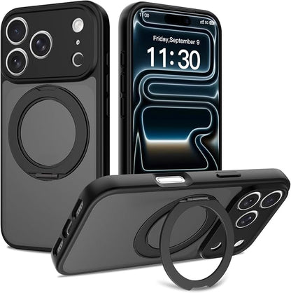 Magnetic iPhone Case [Compatible with MagSafe], Shockproof Translucent Matte Phone Case for iPhone 17 Pro Max, iPhone 17 Pro (with 360° Rotatable Ring Holder Stand) (Black, iPhone 17 Pro)