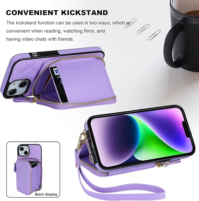 Bocasal Crossbody Wallet Case for iPhone 14, RFID Blocking PU Leather Zipper Handbag Purse Flip Cover, Kickstand Folio Case with Card Slots Holder Wrist Strap Lanyard 5G 6.1 Inch (Purple)