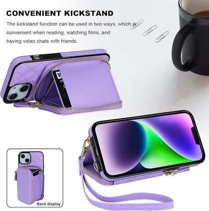 Bocasal Crossbody Wallet Case for iPhone 13, RFID Blocking PU Leather Zipper Handbag Purse Flip Cover, Kickstand Folio Case with Card Slots Holder Wrist Strap Lanyard 5G 6.1 Inch (Purple)