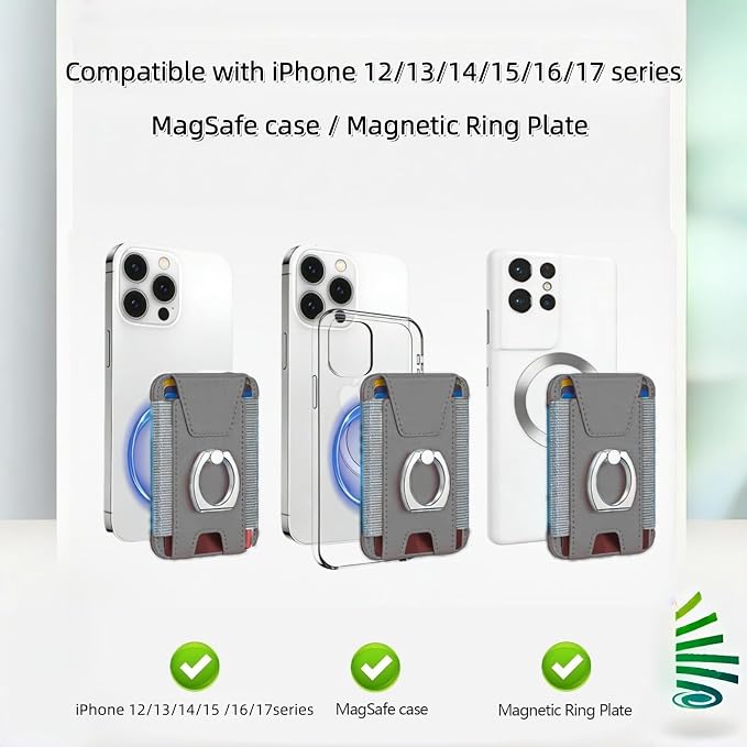 for Magsafe Wallet, Slim Magnetic Card Wallet with Grip, 7 Cards Holder RFID Blocking, Ring Stand Stick on Wallet with Privacy Flap(Grey)