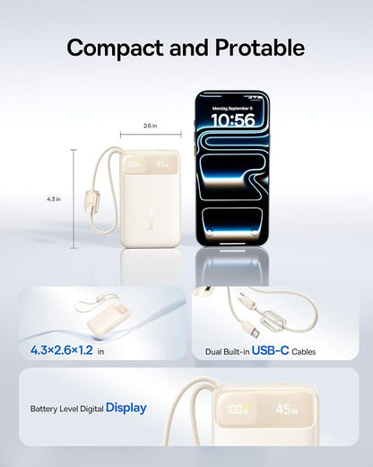 Baseus 20000mAh Compact Portable Charger 45W, CCC Certified Power Bank Built-in USB-C Cables, Travel Essential PD Fast Charging Battery Pack for iPhone 17/16 Series Galaxy S25/S24 Ultra Google iPad