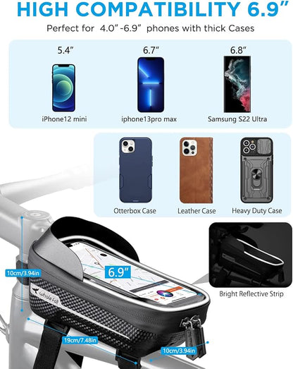 whale fall Hard Casing Bike Bag, Bike Accessories for Adult Bikes, Gifts for Men, Mens Gifts for Birthday,Bicycle Enthusiasts,Sturdy/Lighter/Waterproof, 4” - 7” Cellphone, Black-Reflective Strip