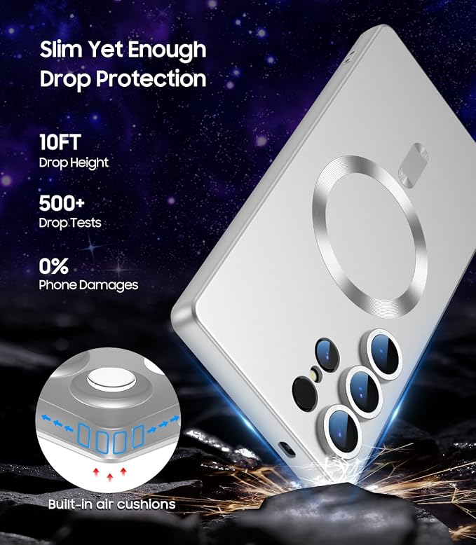 Magnetic for Samsung Galaxy S25 Ultra Case [Compatible with MagSafe][Built-in Camera Lens Protector] Slim Soft Silicone Bumper Shockproof Metallic Luster Phone Shell (Silver)