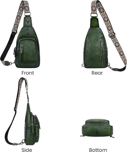 HESHE Leather Sling Bag for Women Crossbody Bags with Multi-Pocket Stylish Fanny Packs for Travel Chest Bag