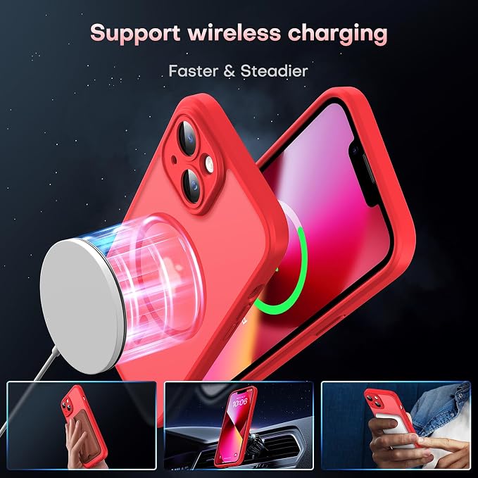 TOCOL for Phone 13 Case, Compatible with Magsafe Charger, Full Camera Protection, Drop Protection, Translucent Matte Phone Case for iPhone 13 6.1 inch (Red)