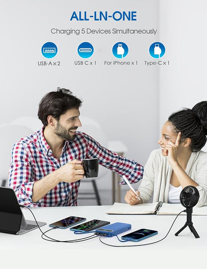 Nusyddy Portable Charger 12000mAh 22.5W w/Built-in Cables & Wall Plug Navy | 22.5W Fast Charging, LED Display, Pass Through Charging, TSA Approved, Portable & Slim, Power Bank for iPhone, iPad, Samsung