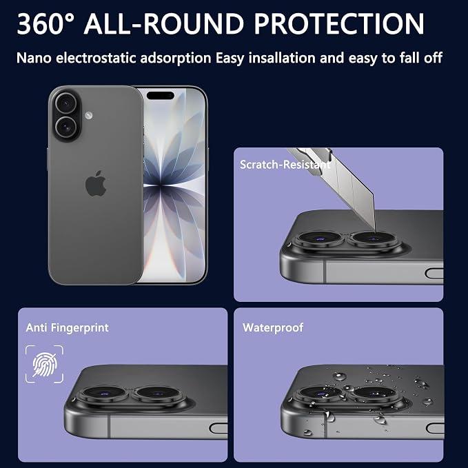 2 Pack Camera Lens Protector for iPhone 17,Metal AR Tempered Glass Rear Camera Screen Cover,Anti-Scratch,Strong Adsorption,Case Friendly, Easy to Install-Black