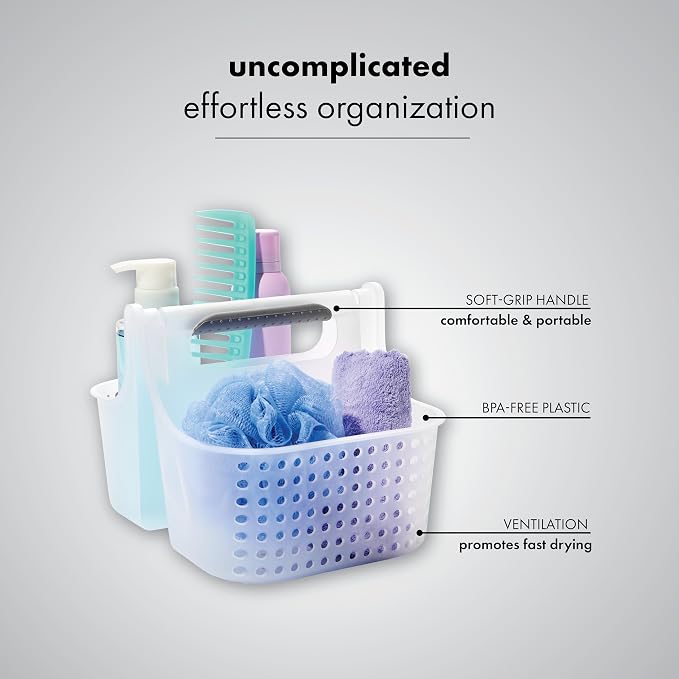 madesmart Portable Shower Caddy, Hold Soap, Shampoo, Hair Supplies and Beauty Products, Cleaning Supplies Organizer for Home, Dorm, Plastic Shower Tote, Soft Handle, Frost