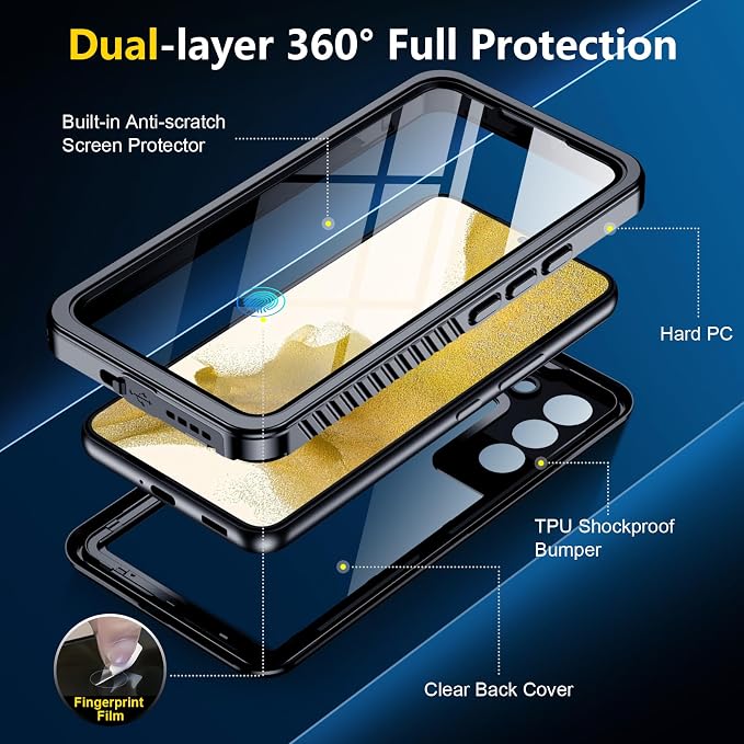 SPIDERCASE for Samsung Galaxy S22 Waterproof Case, [12FT Military-Grade Drop Protection] IP68 Water Resistance [Built-in Screen Protector] Full Body Sealed Protection Phone Case 6.1", Black/Clear