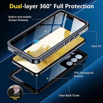 SPIDERCASE for Samsung Galaxy S22 Waterproof Case, [12FT Military-Grade Drop Protection] IP68 Water Resistance [Built-in Screen Protector] Full Body Sealed Protection Phone Case 6.1", Black/Clear
