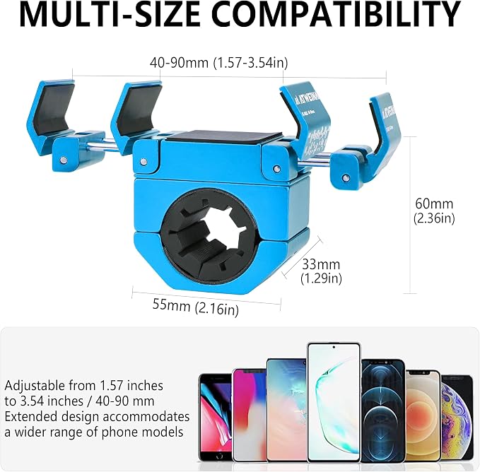 Bike Phone Holder, Motorcycle Phone Mount, Aluminum Alloy Bicycle Handlebar Cell Phone Stand, 360°Rotate Ebike Scooter Phone Clamp Clip, Suitable for 4.5-7.0" Smartphones (Blue)