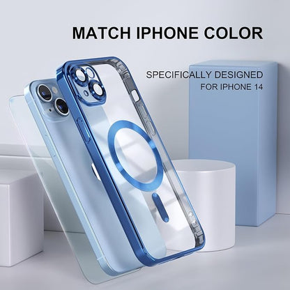 Misea Magnetic for iPhone 14 Case Compatible with MagSafe [Never Yellowing] [Military Grade Drop Protection] Full Camera Lens Protector Plating Soft Clear Phone Case for Women Girls, Blue