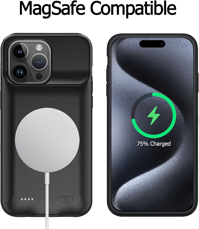 Battery Case for iPhone 15 Pro, [10000mAh] Enhanced Portable Protective Smart Qi Wireless Charger Case Battery Pack with CarPlay Wireless Charging Case Compatible for iPhone 15 Pro (6.1 inch)-Black