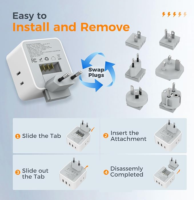 TESSAN 6-in-1 European UK Travel Plug Adapter Kit | 3 USB (1 USB C), 3 AC Outlets, Supports Type C, G, E/F, I, A, B, US to Europe UK Italy Australia Japan